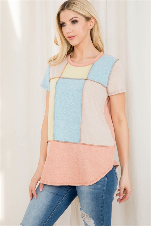 S8-1-2-PPT20559-CLYTPBL - COLOR BLOCK REVERSED COVERSTITCH TOP- CLAY-TAUPE-BLUE-SUNNY LIME 1-2-2-2