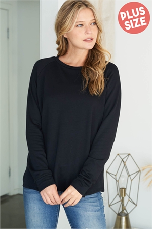 S12-1-1-PPT2055X-BK - PLUS SIZE FLEECED SOLID FRENCH TERRY ROUND NECK LONG SLEEVED TOP- BLACK 3-2-1