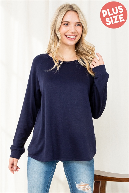 S12-4-2-PPT2055X-NV - PLUS SIZE FLEECED SOLID FRENCH TERRY ROUND NECK LONG SLEEVED TOP- NA 3-2-1