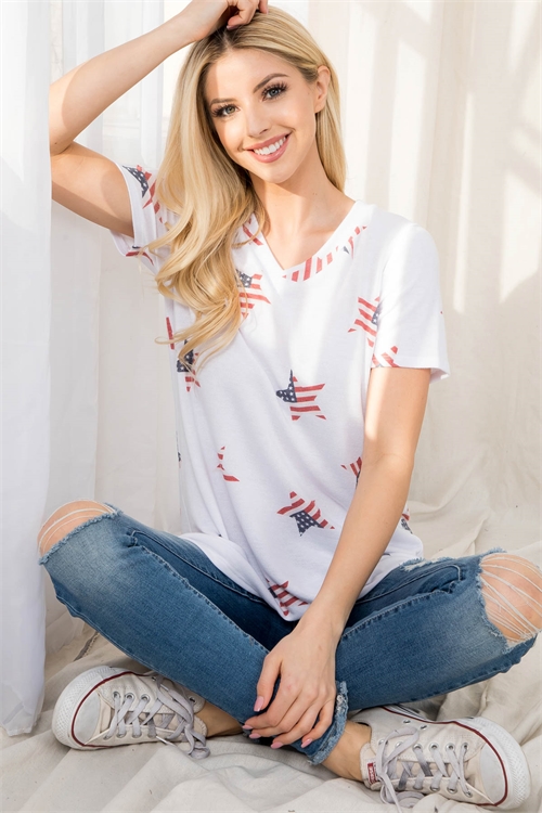 S4-10-1-PPT20562-OFW - STAR USA FLAG V-NECK SHORT SLEEVE TOP- OFF-WHITE 1-2-2-2