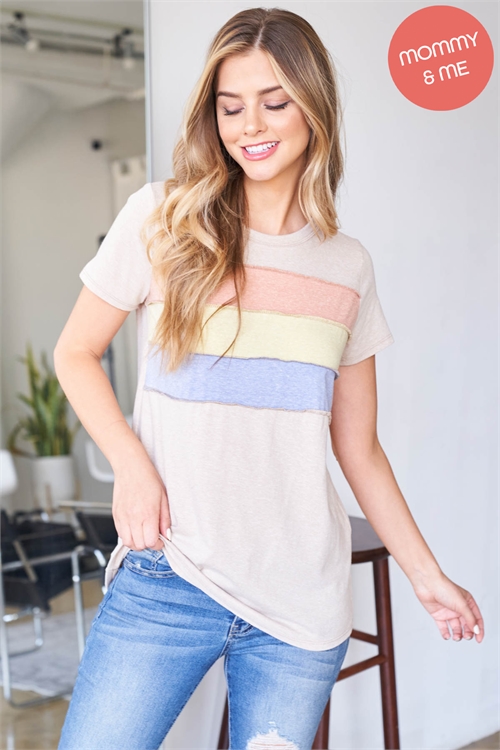 S15-8-2-PPT20564-TPCLYSNYLM - OUTSEAM OVERLOCK STITCHED COLOR BLOCK TOP- TAUPE-CLAY-SUNNY LIME-DENIM 1-2-2-2