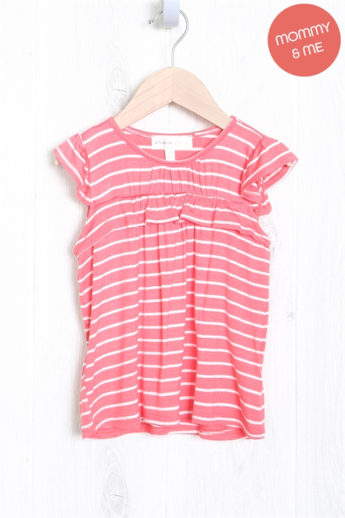 OS-PPT20574TK-CRLIV - KIDS FRONT SHIRRING DETAIL STRIPES TOP- CORAL/IVORY 1-1-1-1-1-1-1-1