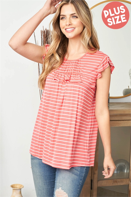 S11-5-2-PPT20574X-CRLIV - PLUS SIZE FRONT SHIRRING DETAIL STRIPES TOP- CORAL/IVORY 3-2-1
