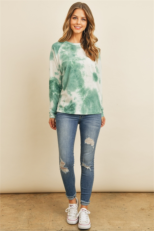 S5-1-2-PPT2058-EM - TIE DYE ROUND NECK LONG SLEEVED TOP- EMERALD 1-2-2-2