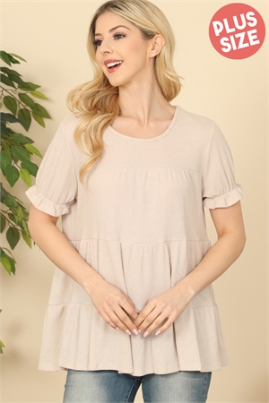 S10-2-3-PPT20585X-BG - PLUS SIZE RUFFLE SHORT SLEEVE TIERED TOP- BEIGE 3-2-1 (NOW $5.75 ONLY!)