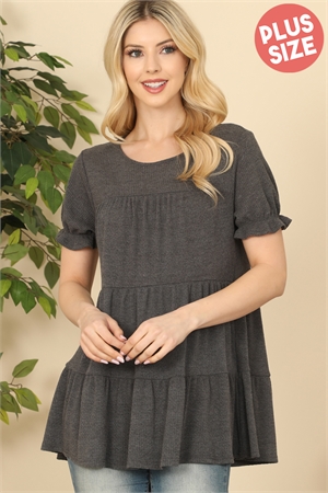 S10-5-2-PPT20585X-BK - PLUS SIZE RUFFLE SHORT SLEEVE TIERED TOP- BLACK 3-2-1 (NOW $5.75 ONLY!)