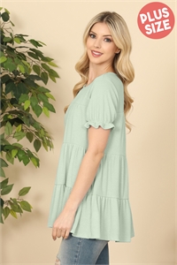 S10-2-3-PPT20585X-GNA - PLUS SIZE RUFFLE SHORT SLEEVE TIERED TOP- GREEN ASH 3-2-1