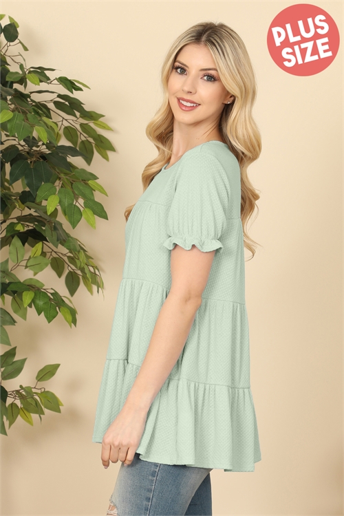 S12-4-3-PPT20585X-GNA-1 - PLUS SIZE RUFFLE SHORT SLEEVE TIERED TOP- GREEN ASH 4-0-1