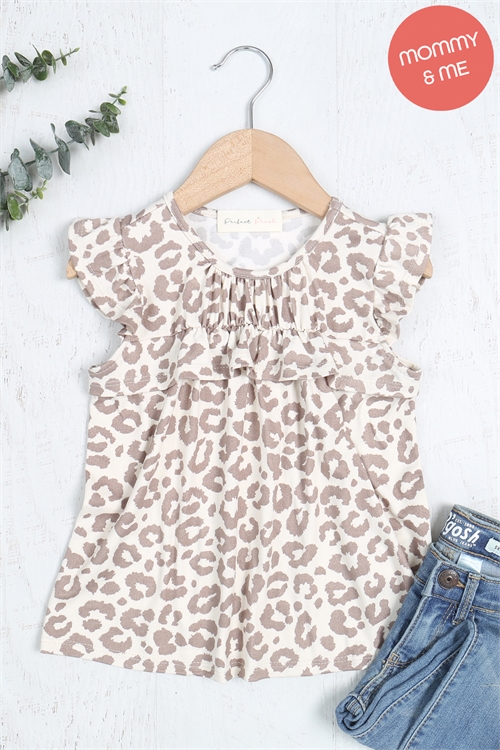 S16-2-5-PPT20586TK-CRMMC-1 - KIDS RUFFLE CAP SLEEVE LEOPARD SHIRRING TOP- CREAM/MOCHA 1-1-0-1-1-1-1-1