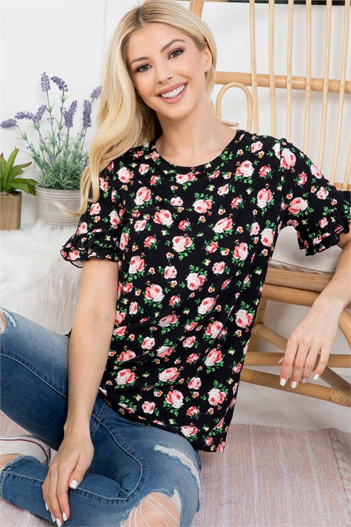 S8-14-2-PPT20588-BKRDGN-1 - RUFFLE SLEEVE ROUND NECK FLORAL TOP- BLACK/RED/GREEN 0-2-1-2