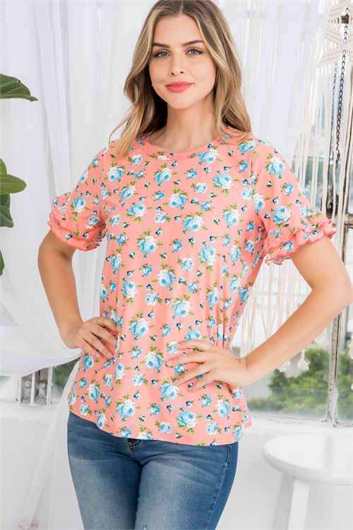 S8-14-2-PPT20588-PCHBLGN-1 - RUFFLE SLEEVE ROUND NECK FLORAL TOP- PEACH/BLUE/GREEN 0-2-2-2