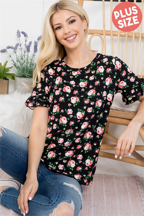 S4-10-2-PPT20588X-BKRDGN-1 - PLUS SIZE RUFFLE SLEEVE ROUND NECK FLORAL TOP- BLACK/RED/GREEN 2-2-1