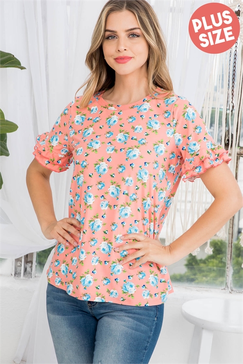 S4-10-2-PPT20588X-PCHBLGN-1 - PLUS SIZE RUFFLE SLEEVE ROUND NECK FLORAL TOP- PEACH/BLUE/GREEN 2-2-1