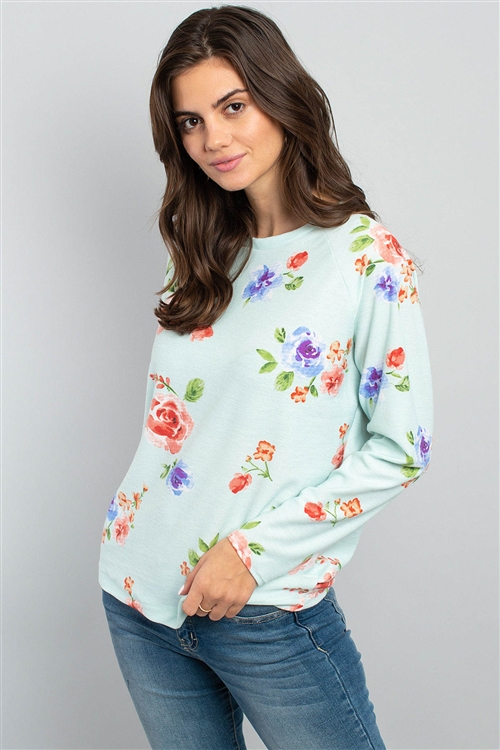 S11-16-4-PPT2059-MNT - FLORAL LONG SLEEVED ROUND NECK TOP- MINT 1-2-2-2