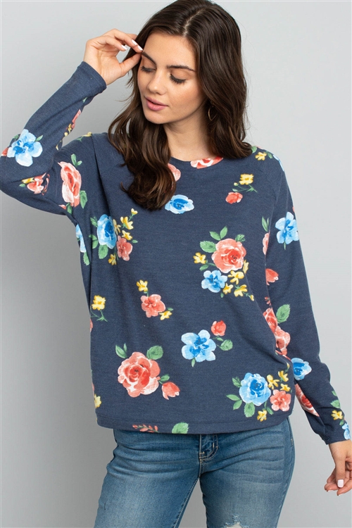 S11-16-4-PPT2059-NV - FLORAL LONG SLEEVED ROUND NECK TOP- NAVY 1-2-2-2