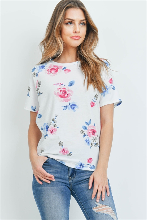C70-A-1-PPT2059SS-IV-2 - FLORAL PRINT ROUND NECK TOP- IVORY 0-2-2-1