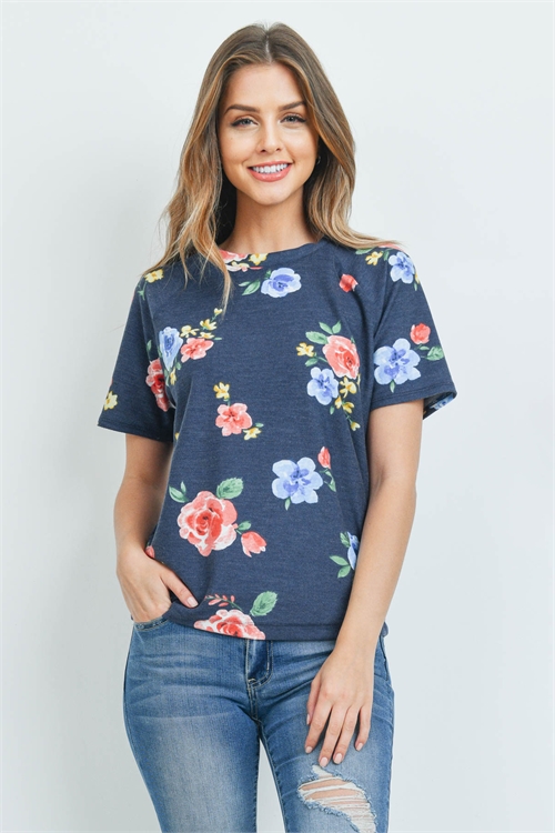 C88-A-1-PPT2059SS-NV-1 - FLORAL PRINT ROUND NECK TOP- NAVY 1-4-1-0