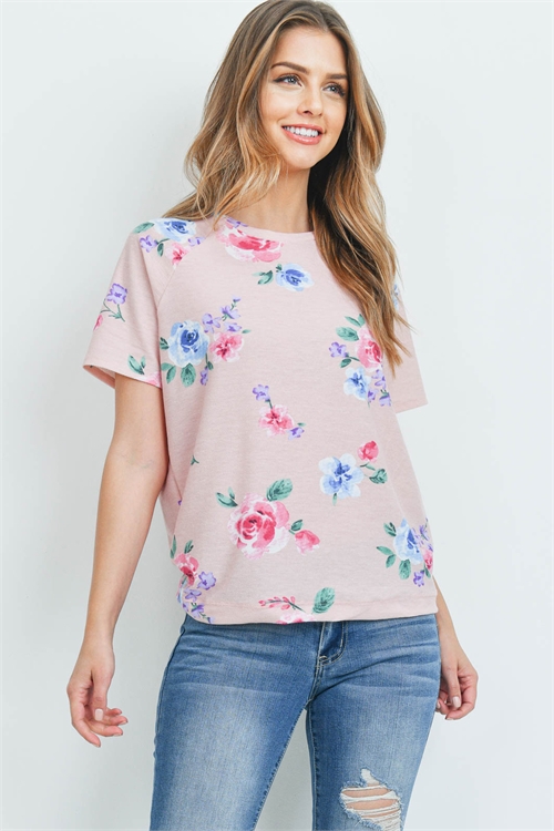 C88-A-1-PPT2059SS-PK-1 - FLORAL PRINT ROUND NECK TOP- PINK 1-0-1-2