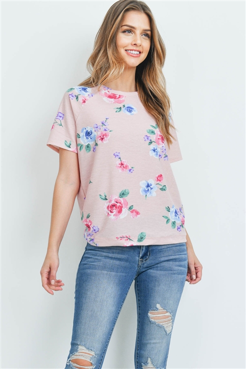 C80-A-2-PPT2059SS-PK - FLORAL PRINT ROUND NECK TOP- PINK 1-2-2-2