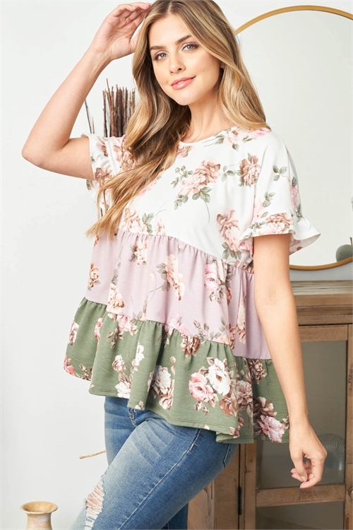 SA4-7-2-PPT20603-IVMVSG-1 - FLORAL COLOR BLOCK SHORT SLEEVE TUNIC- IVORY-MAUVE-SAGE 0-0-1-2