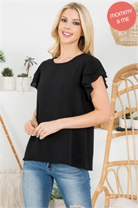 S11-2-1-PPT20607-BK - LAYERED RUFFLE SLEEVE ROUND NECK WOVEN TOP- BLACK 1-2-2-2