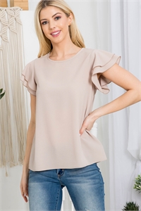 S5-7-3-PPT20607-MC - LAYERED RUFFLE SLEEVE ROUND NECK WOVEN TOP- MOCHA 1-2-2-2