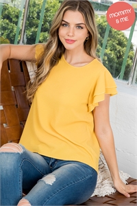 S14-11-4-PPT20607-MU-1 - LAYERED RUFFLE SLEEVE ROUND NECK WOVEN TOP- MUSTARD 0-2-2-2