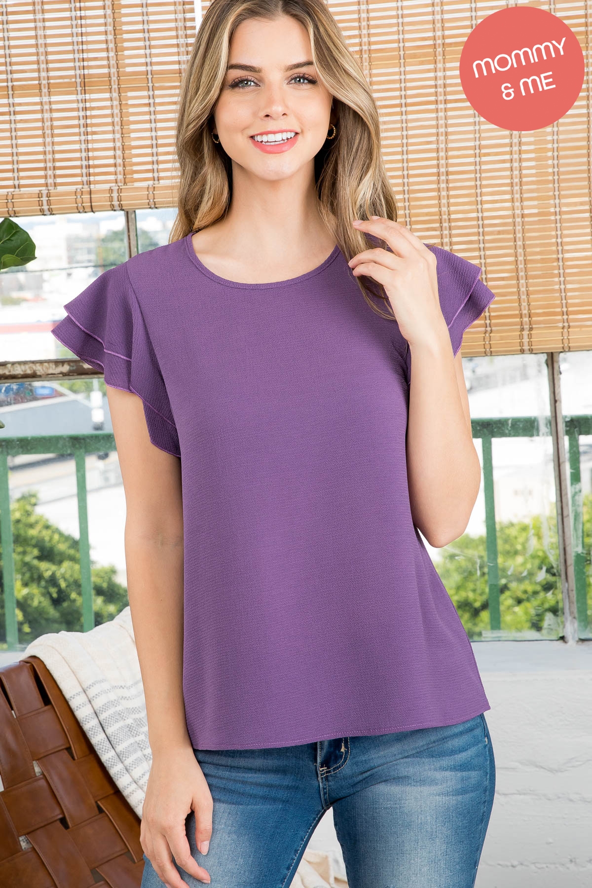 S5-10-3-PPT20607-PPL - LAYERED RUFFLE SLEEVE ROUND NECK WOVEN TOP- PURPLE 1-2-2-2