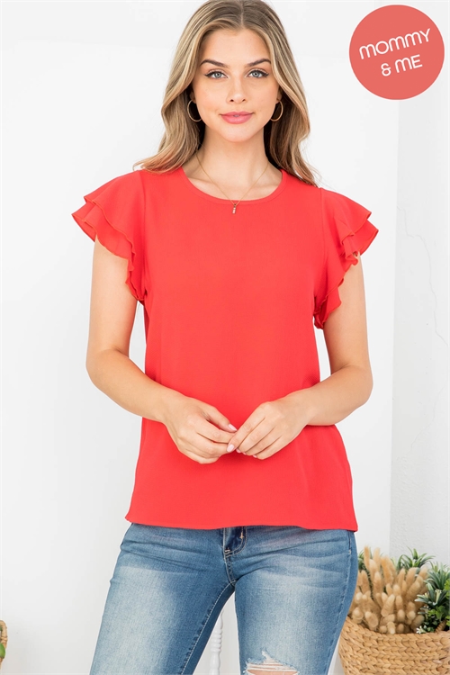 S12-1-2-PPT20607-TMTRD - LAYERED RUFFLE SLEEVE ROUND NECK WOVEN TOP- TOMATO RED 1-2-2-2