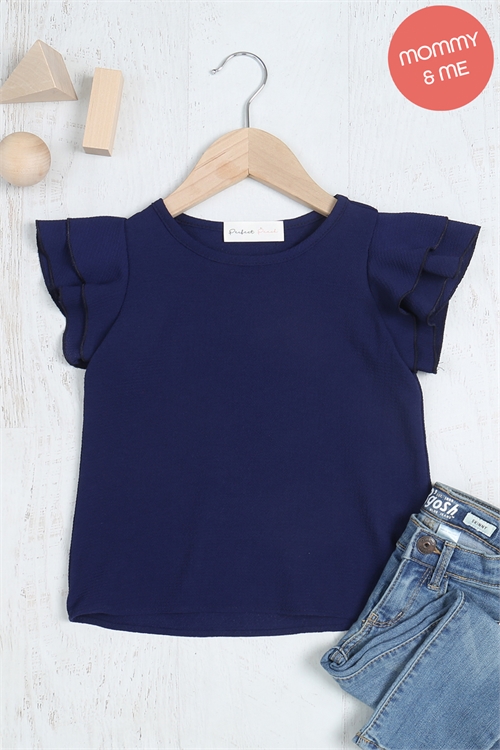 S8-4-4-PPT20607TK-NV-1 - KIDS LAYERED RUFFLE SLEEVE ROUND NECK WOVEN TOP- NAVY 1-1-0-0-1-1-1-1