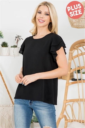 S9-13-3-PPT20607X-BK-1 - PLUS SIZE LAYERED RUFFLE SLEEVE ROUND NECK WOVEN TOP- BLACK 2-2-1
