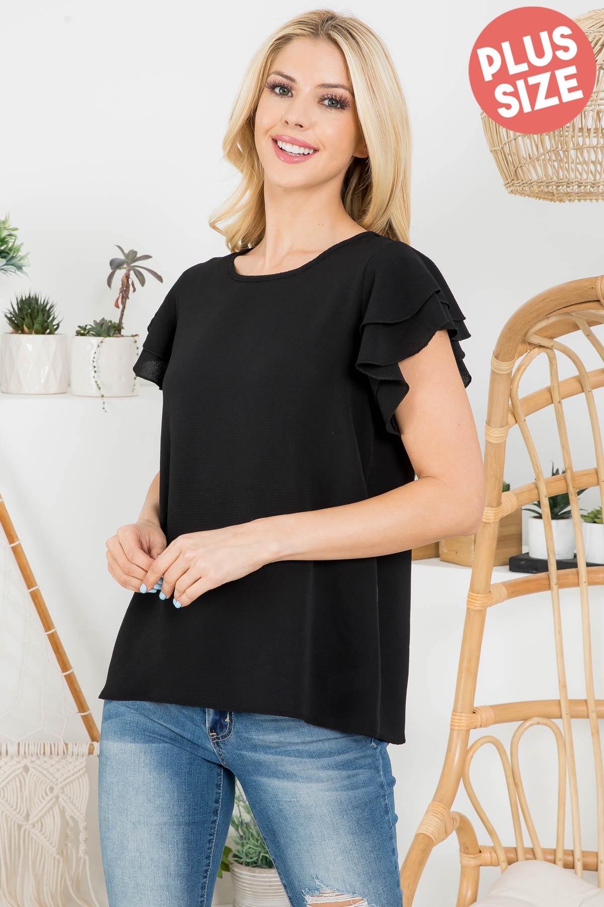 S16-3-2-PPT20607X-BK - LAYERED RUFFLE SLEEVE ROUND NECK WOVEN TOP- BLACK 3-2-1
