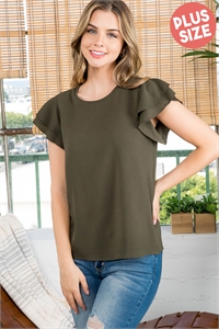 S8-13-4-PPT20607X-DKOV-1 - PLUS SIZE LAYERED RUFFLE SLEEVE ROUND NECK WOVEN TOP- DARK OLIVE 3-1-2