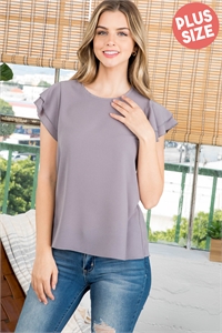 S16-3-1-PPT20607X-GY - LAYERED RUFFLE SLEEVE ROUND NECK WOVEN TOP- GREY 3-2-1