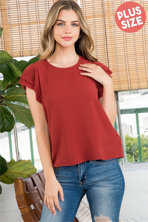 S10-3-2-PPT20607X-MAR - LAYERED RUFFLE SLEEVE ROUND NECK WOVEN TOP- MARSALA 3-2-1