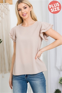 SA4-6-2-PPT20607X-MC - LAYERED RUFFLE SLEEVE ROUND NECK WOVEN TOP- MOCHA 3-2-1