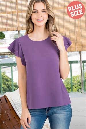 S9-3-2-PPT20607X-PPL - LAYERED RUFFLE SLEEVE ROUND NECK WOVEN TOP- PURPLE 3-2-1