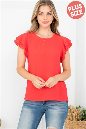 S11-9-1-PPT20607X-TMTRD - PLUS SIZE LAYERED RUFFLE SLEEVE ROUND NECK WOVEN TOP- TOMATO RED 3-2-1