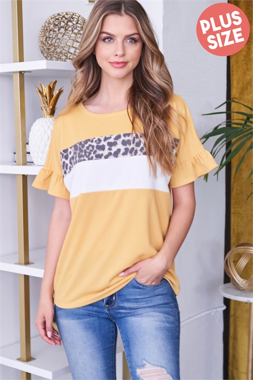 S8-4-2-PPT20609X-MUTPOFW - PLUS SIZE LEOPARD CONTRAST SHORT SLEEVE COLOR BLOCK TOP- MUSTARD-TAUPE-OFF-WHITE 3-2-1