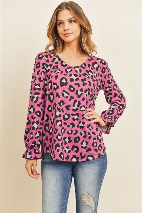 S4-1-3-PPT2061-FCH - SCOOP NECK LEOPARD RUFFLE SLEEVED TOP- FUCHSIA 1-2-2-2