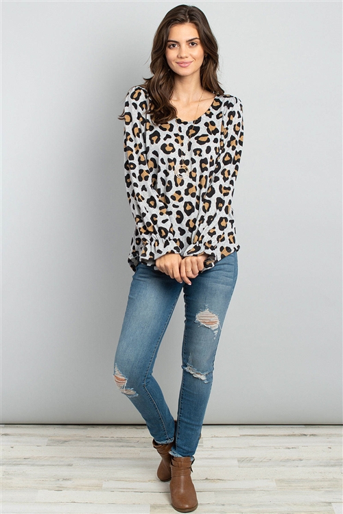 S4-1-3-PPT2061-HT - SCOOP NECK LEOPARD RUFFLE SLEEVED TOP- HEATHER 1-2-2-2