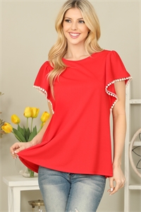 S10-1-3-PPT20611-LTRD - POMPOM DETAIL BUTTERFLY SLEEVE TOP - LT. RED 1-2-2-2