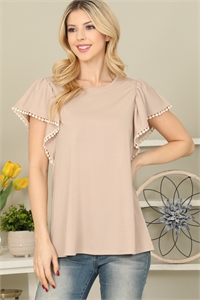 S9-1-2-PPT20611-MC - POMPOM DETAIL BUTTERFLY SLEEVE TOP - MOCHA 1-2-2-2