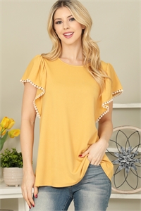 S9-1-2-PPT20611-MU - POMPOM DETAIL BUTTERFLY SLEEVE TOP - MUSTARD 1-2-2-2