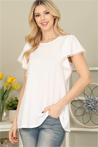 S9-1-2-PPT20611-OFW - POMPOM DETAIL BUTTERFLY SLEEVE TOP - OFF-WHITE 1-2-2-2