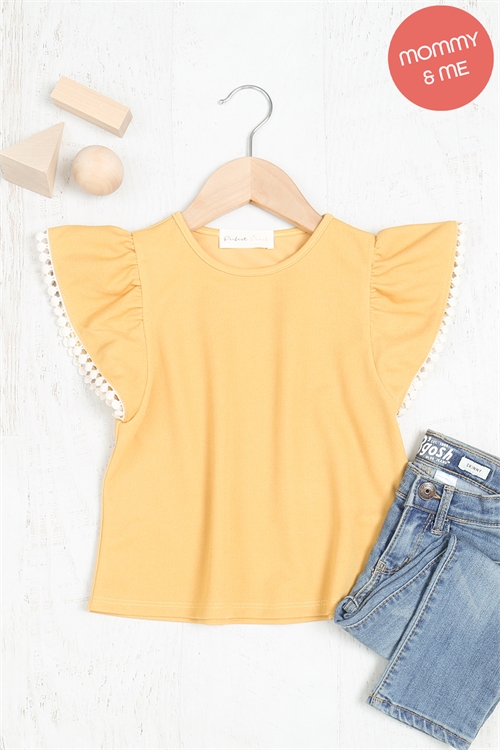 S9-4-3-PPT20611TK-MU - KIDS POMPOM DETAIL BUTTERFLY SLEEVE TOP- MUSTARD 1-1-1-1-1-1-1-1