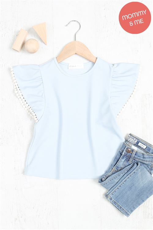 S16-12-4-PPT20611TK-SYBL-1 - KIDS POMPOM DETAIL BUTTERFLY SLEEVE TOP- SKY BLUE 1-0-0-0-1-1-1-1