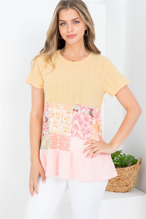 C46-B-PPT20615-MUSGMLT-A - PRINTED FLORAL PATTERN SHORT SLEEVE TOP- MUSTARD-SAGE MULTI-PEACH 4-12-1-1