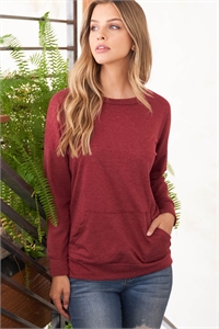 S10-12-3-PPT2063-BU - LONG SLEEVE FRENCH TERRY TOP WITH KANGAROO POCKET TOP- BURGUNDY 1-2-2-2 (NOW $8.75 ONLY!)