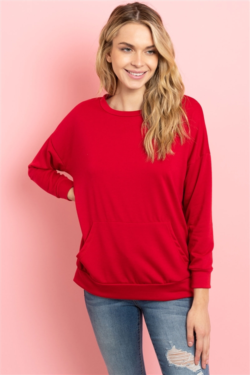 S11-5-1-PPT2063-DKRD - LONG SLEEVE FRENCH TERRY TOP WITH KANGAROO POCKET TOP- DARK RED 1-2-2-2